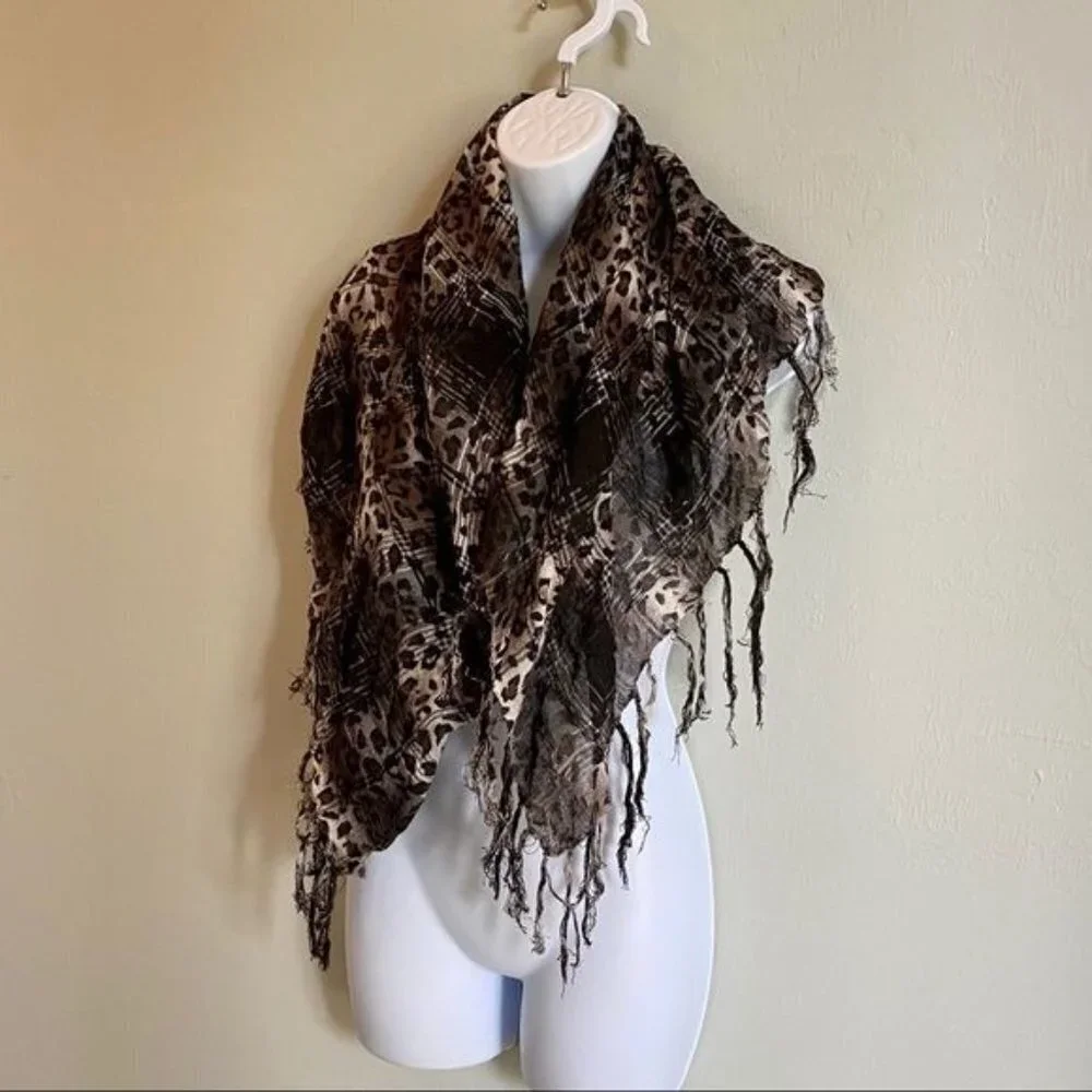 Animal Print Woven Scarf with Fringe